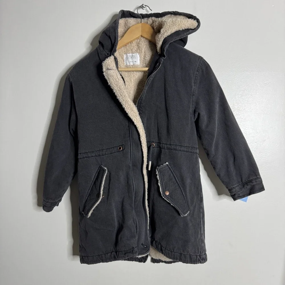 Zara Kids Black Parka Jacket Hooded 11‎ / 12 Sherpa Lined Winter Coat
